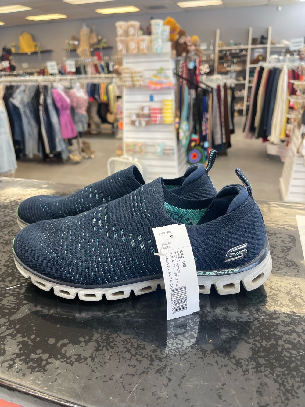 Skechers Navy Slip-On Knit Sneakers with Aqua Accents